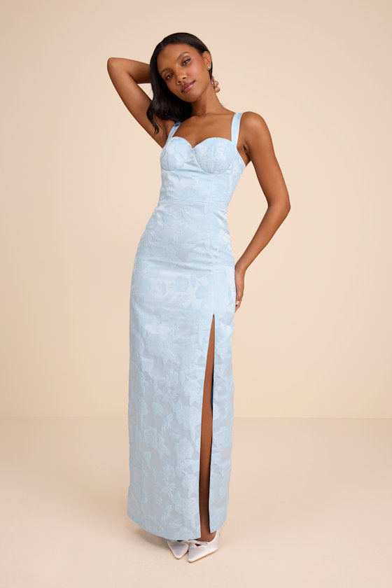 Demina Light Blue Floral Jacquard Bustier Maxi Dress #Color_Light Blue