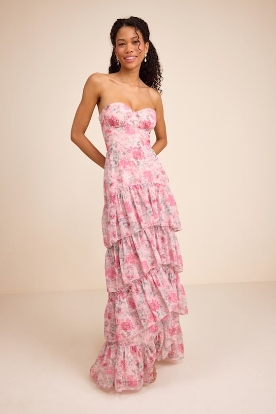 Dessie Light Pink Floral Tiered Maxi Dress #Color_Light Pink Floral
