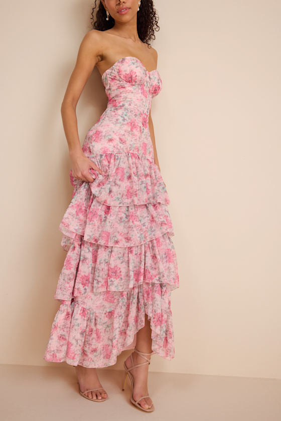 Dessie Light Pink Floral Tiered Maxi Dress #Color_Light Pink Floral