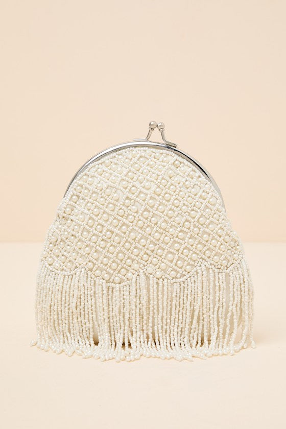 Marceline White Beaded Pearl Fringe Clutch