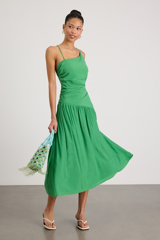 Jedda Green Drop Waist Lace-Up Midi Dress #Color_Green