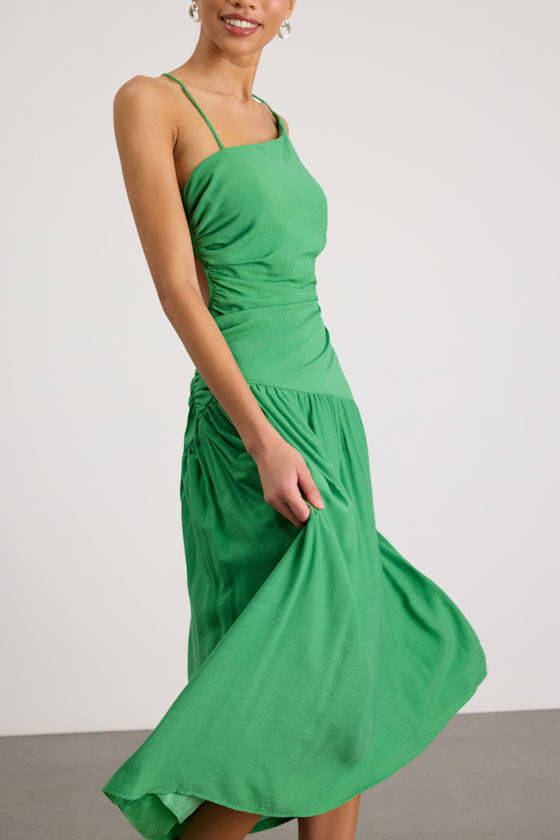 Jedda Green Drop Waist Lace-Up Midi Dress #Color_Green