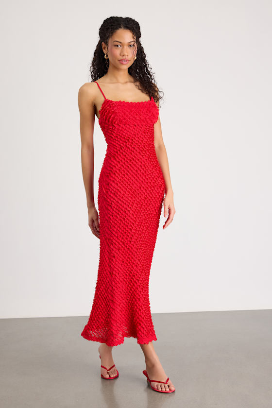 Noria Red Ruffled Lace Slip Midi Dress #Color_Red