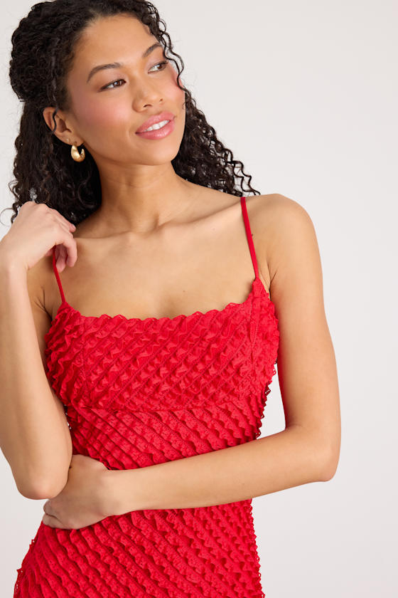 Noria Red Ruffled Lace Slip Midi Dress #Color_Red