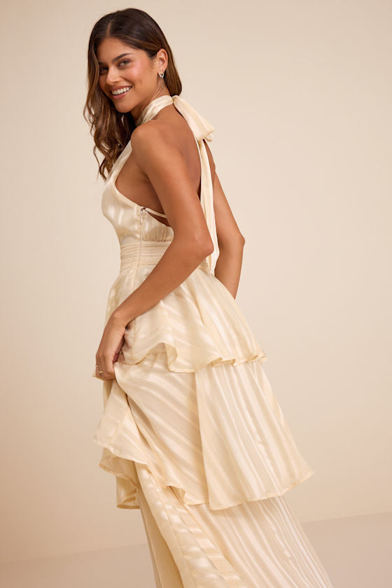 Jennica Pale Yellow Striped Satin Tiered Midi Dress #Color_Pale Yellow Striped