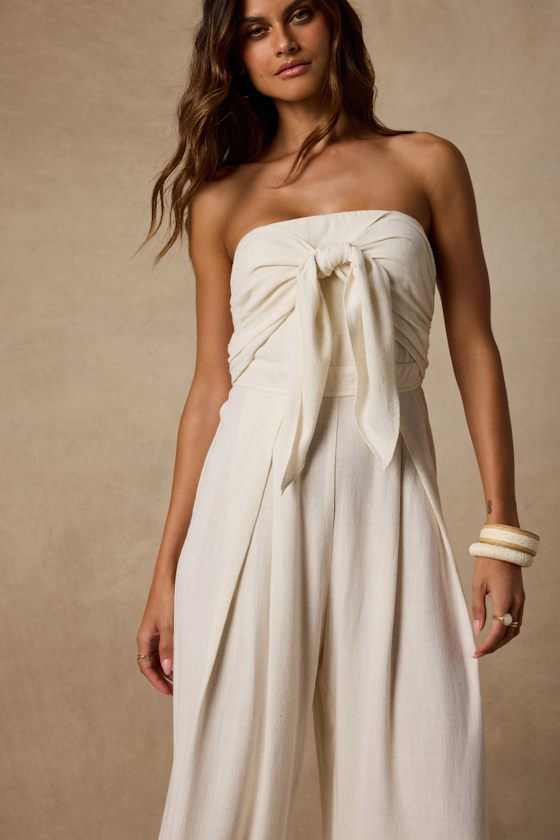 Wylda Light Beige Linen Tie-Front Jumpsuit