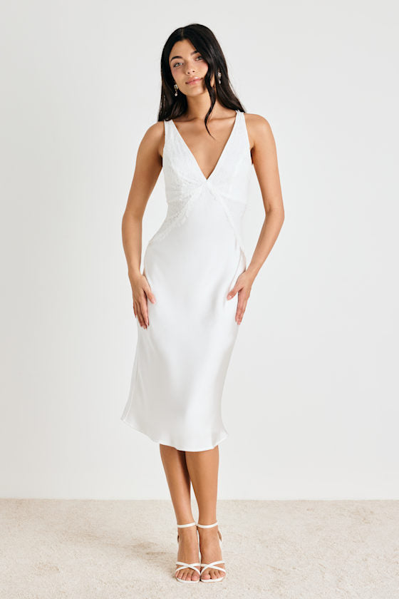 Deloise White Satin Lace Slip Midi Dress #Color_White