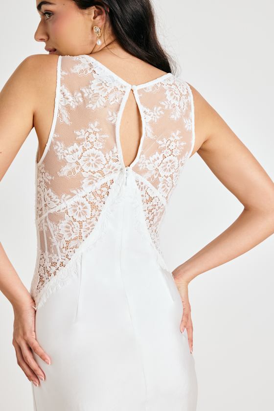 Deloise White Satin Lace Slip Midi Dress #Color_White