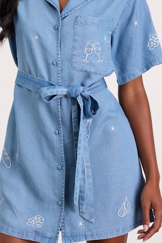 Neila Light Wash Denim Embroidered Mini Dress #Color_Light Wash
