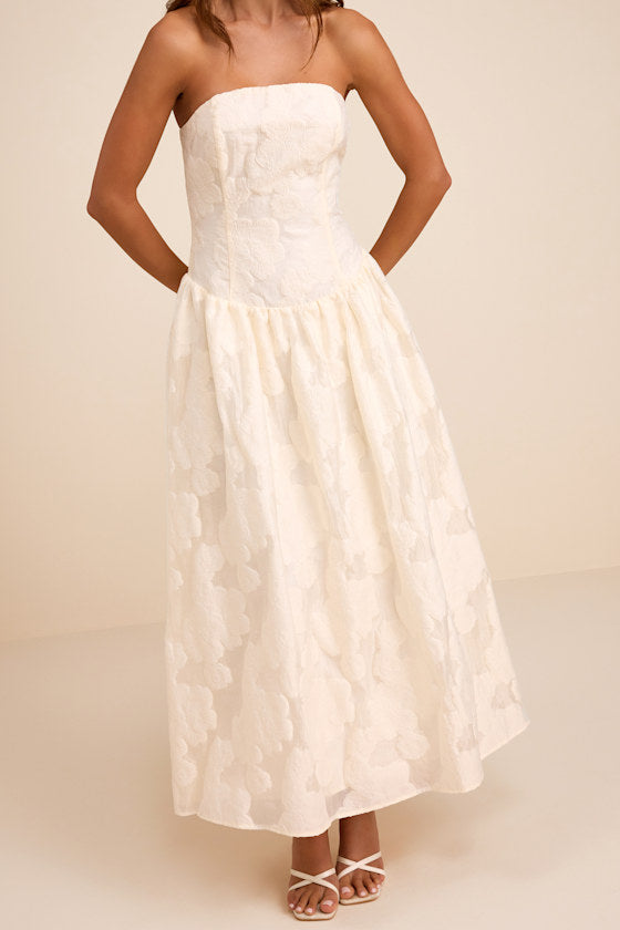 Calen Cream Floral Jacquard Drop Waist Maxi Dress #Color_Cream