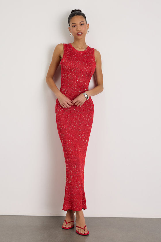 Jordi Red Sequin Crochet Knit Maxi Dress #Color_Red