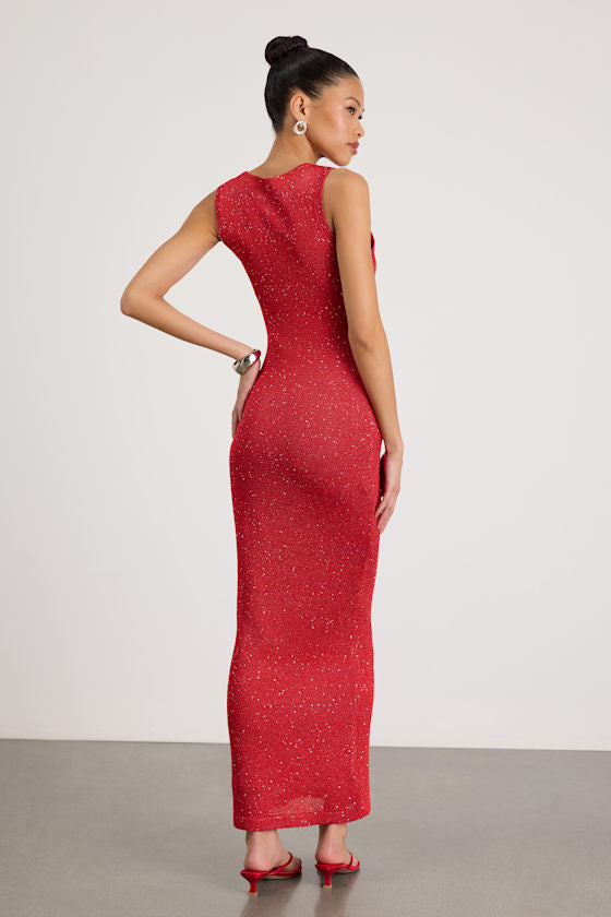 Jordi Red Sequin Crochet Knit Maxi Dress