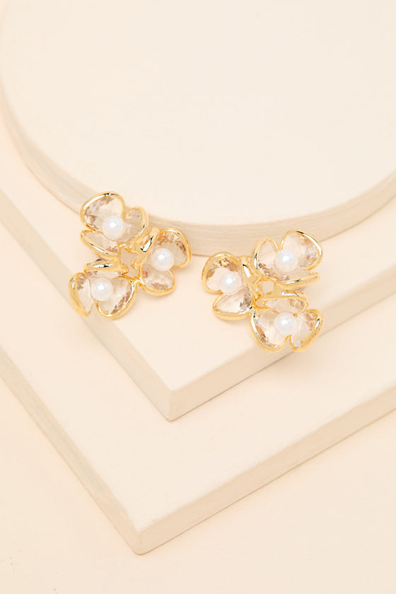 Lamina Gold Rhinestone Pearl Flower Earrings #Color_Gold