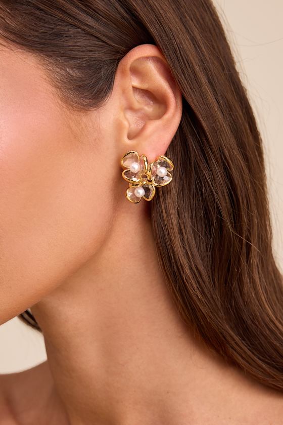 Lamina Gold Rhinestone Pearl Flower Earrings #Color_Gold
