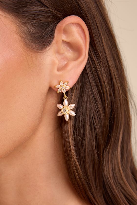 Ira 14KT Gold Rhinestone Pearl Flower Drop Earrings