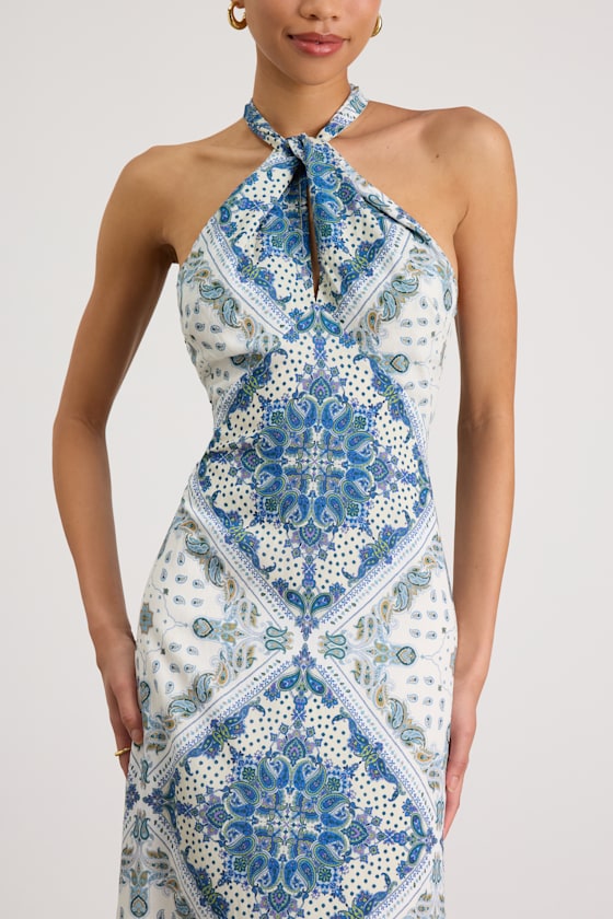Hania White and Blue Boho Print Halter Midi Dress