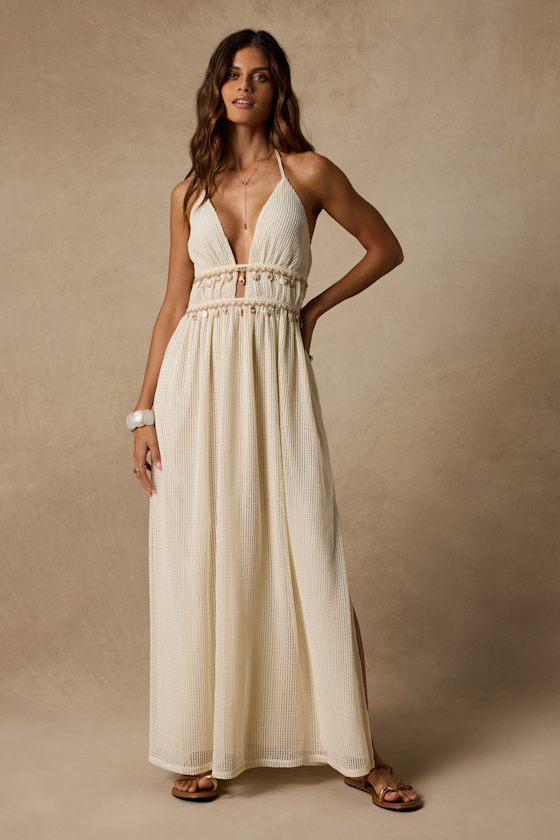 Alda Cream Crochet Knit Seashell Maxi Dress #Color_Cream