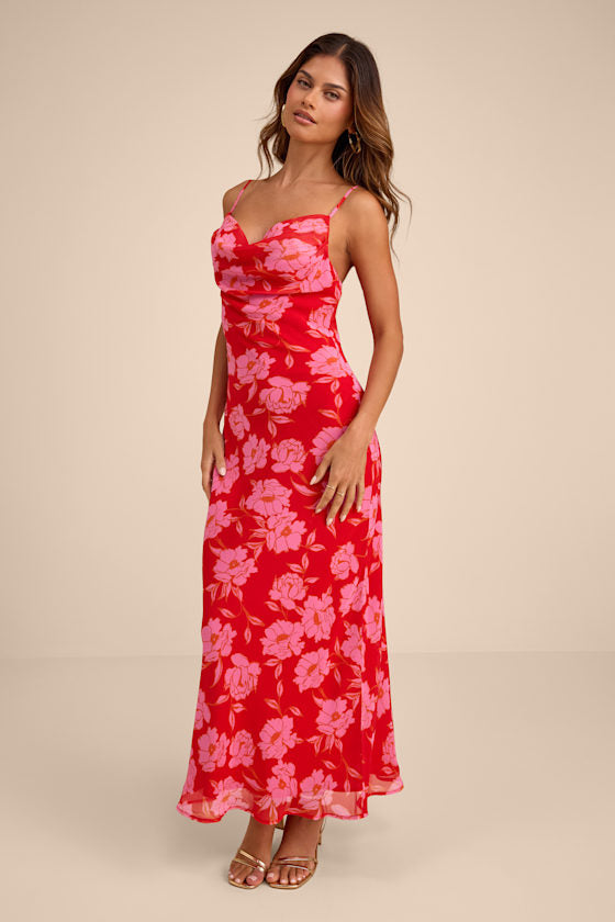 Vesta Red Floral Cowl Neck Maxi Dress #Color_Red Floral