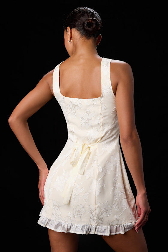 Angeline Ivory Floral Jacquard Ruffled Mini Dress #Color_Ivory
