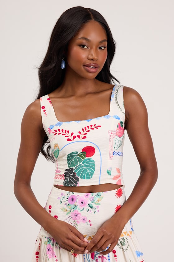 Fabella White Multi Print Textured Tank Top #Color_White Multi Print