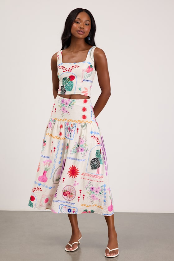 Fabella White Multi Print Textured Midi Skirt #Color_White Multi Print