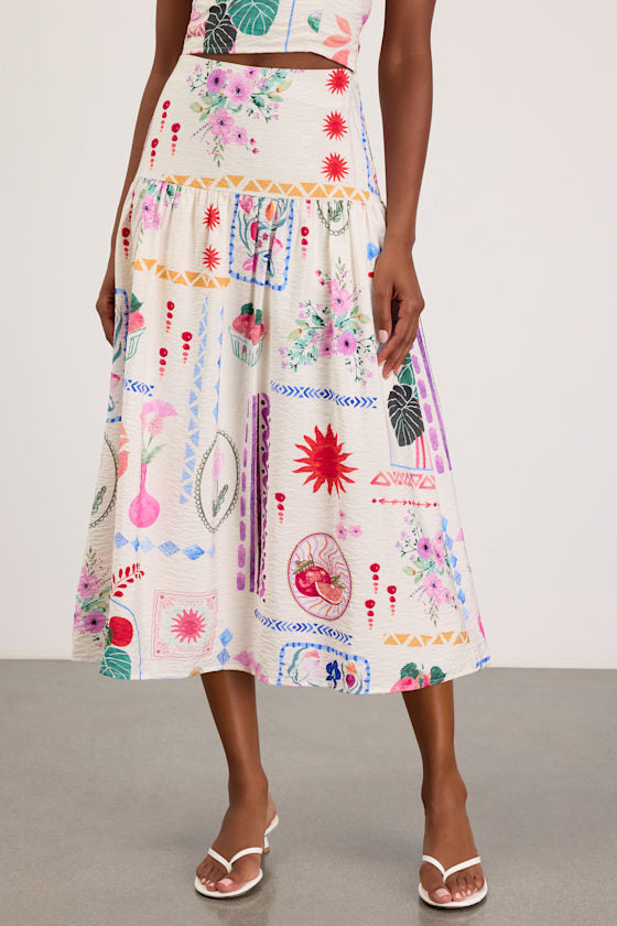 Fabella White Multi Print Textured Midi Skirt #Color_White Multi Print
