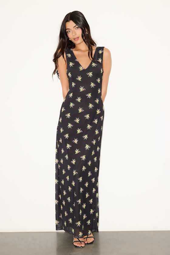 Earhart Black Multi Floral Mesh Maxi Dress