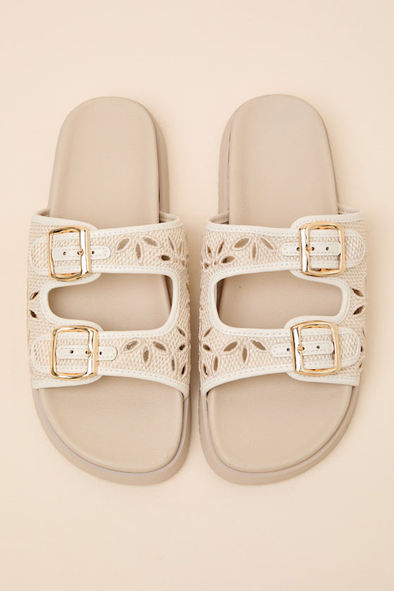 Honey Ivory Floral Buckle Slide Sandals