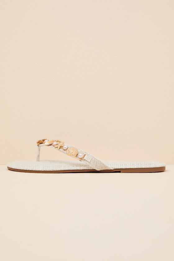 Danie Beige Seashell Pearl Thong Sandals