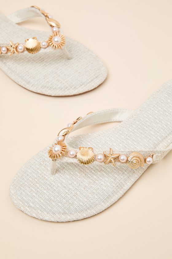 Danie Beige Seashell Pearl Thong Sandals