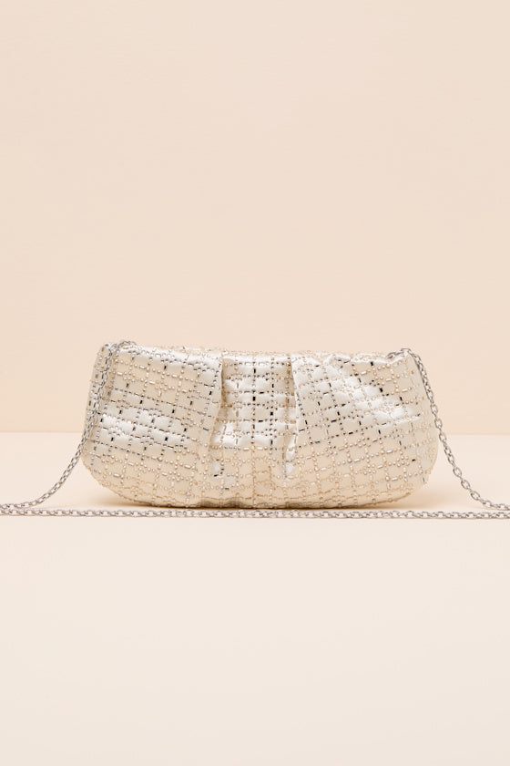 Blaney White Satin Rhinestone Crossbody Clutch