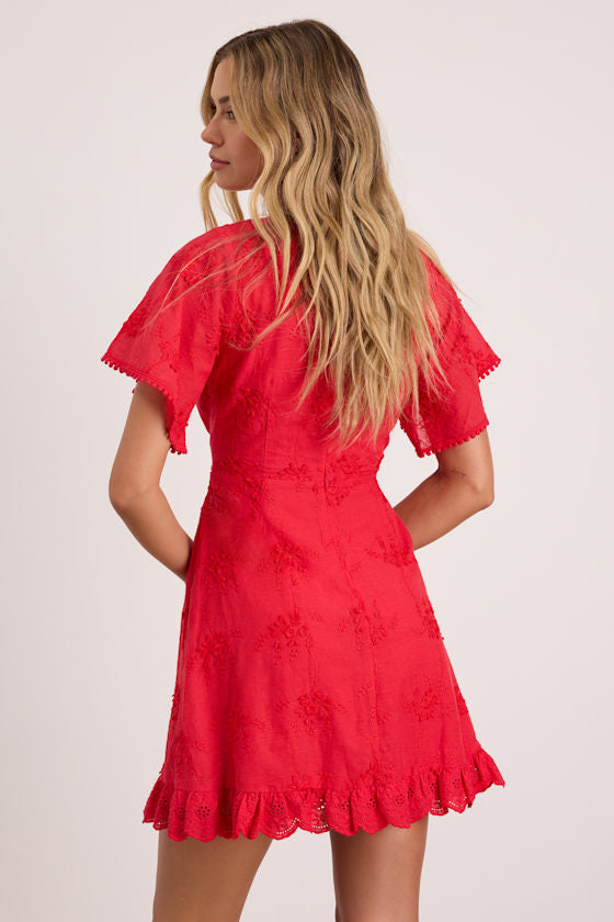 Morning in Mallorca Red Eyelet Mini Dress #Color_Red