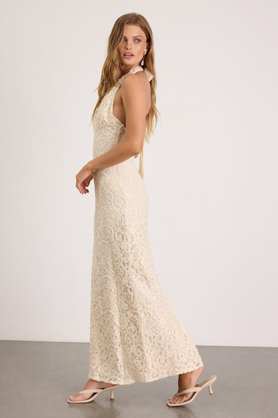 Rayanna Cream Crochet Halter Maxi Dress