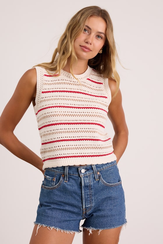 Kipi Ivory Multi Striped Sweater Knit Tank Top
