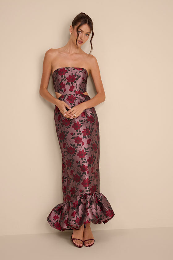 Sharra Mauve Floral Jacquard Bubble Hem Maxi Dress #Color_Mauve Floral