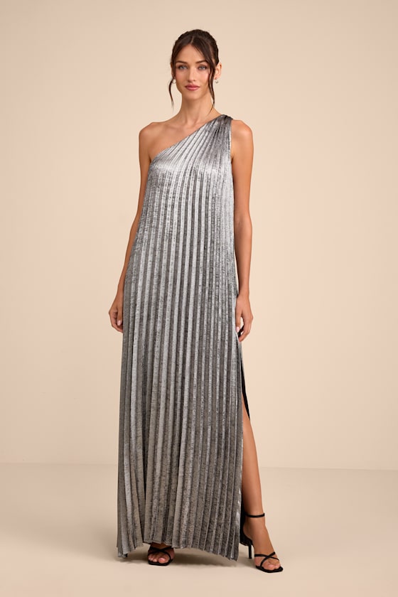 Mara Silver Metallic Pleated One-Shoulder Maxi Dress #Color_Silver