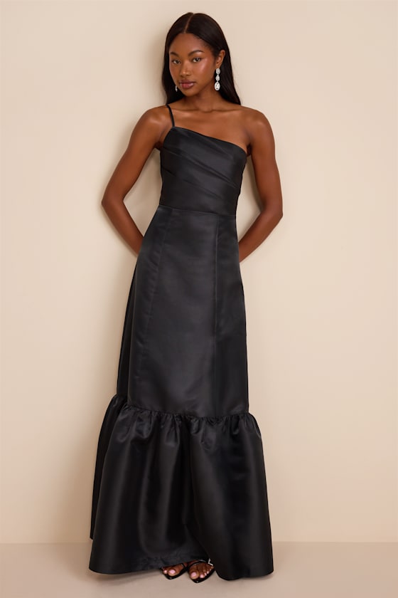 Coco Black Taffeta One-Shoulder Maxi Dress #Color_Black