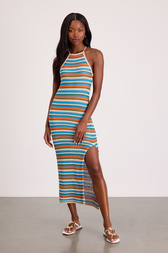 Nalani Pink Multi Striped Crochet Halter Midi Dress