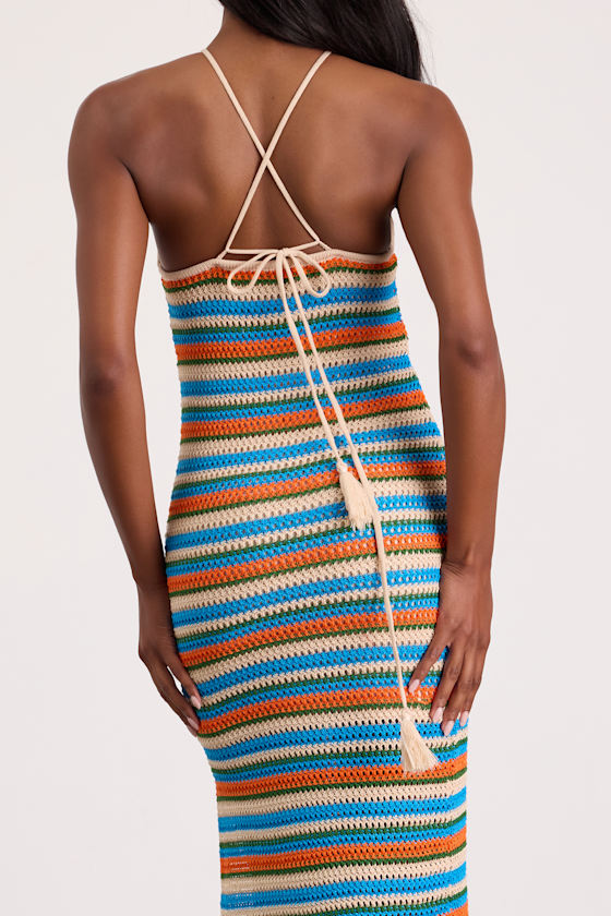 Nalani Pink Multi Striped Crochet Halter Midi Dress