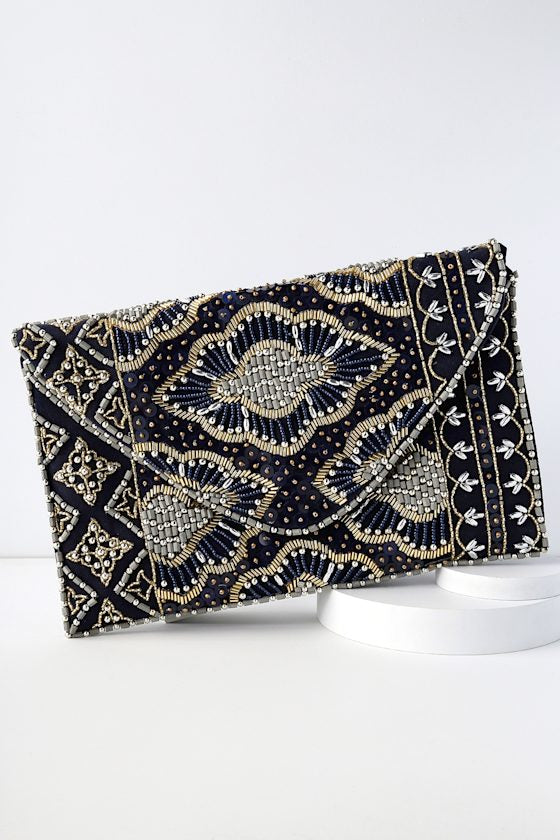 Etched in Stone Cream Beaded Clutch
