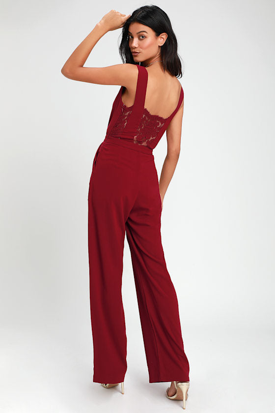 Kiska Burgundy Lace Wide-Leg Jumpsuit #Color_Burgundy