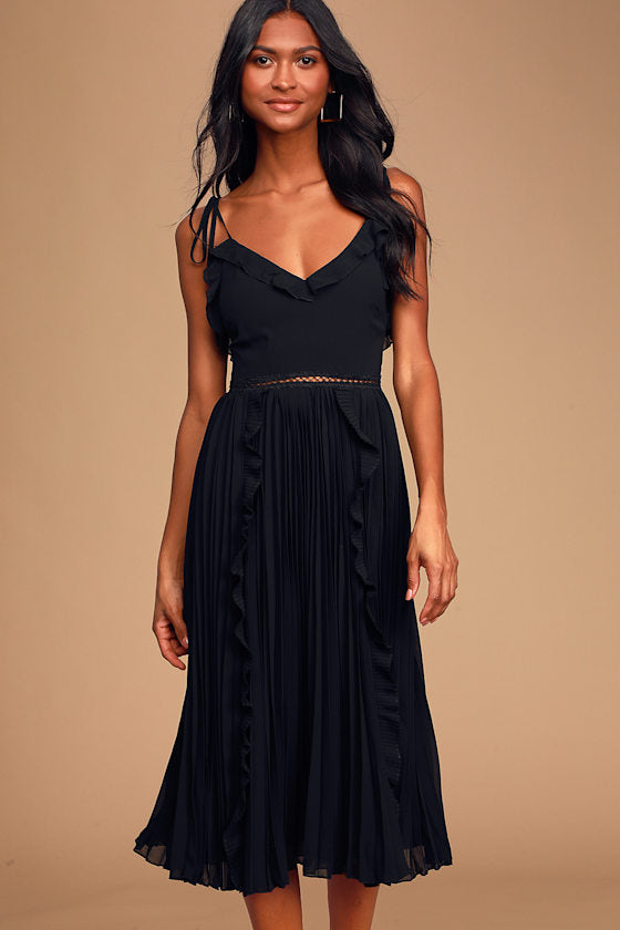 Never a Dull Moment Bright Red Tie-Strap Pleated Midi Dress #Color_Black
