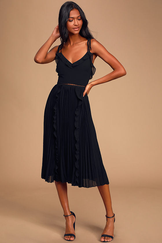 Never a Dull Moment White Tie-Strap Pleated Midi Dress