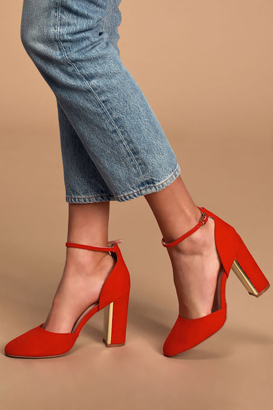 Laura Champagne Satin Ankle Strap Heels #Color_Red