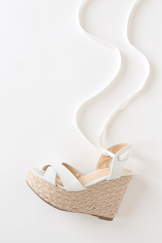 Esme White Lace-Up Espadrille Wedges