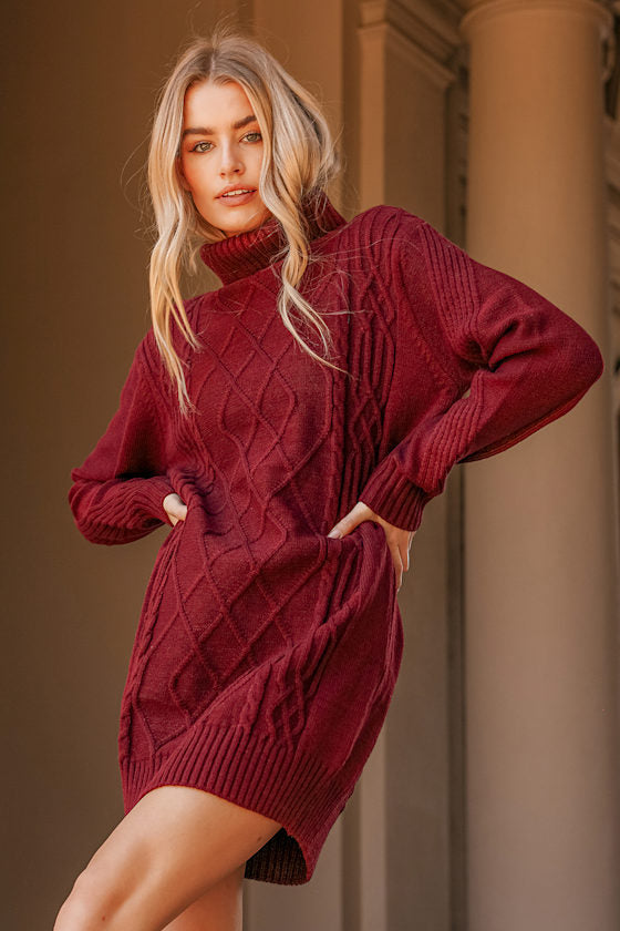 Cuddle Up Close Burgundy Cable Knit Turtleneck Sweater Dress #Color_Burgundy