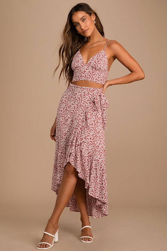 Summer Romance Rust Brown Floral Print Two-Piece Midi Dress #Color_Rust Brown Floral Print