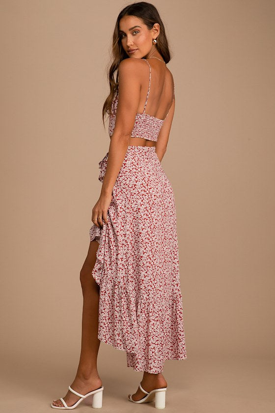 Summer Romance Rust Brown Floral Print Two-Piece Midi Dress #Color_Rust Brown Floral Print