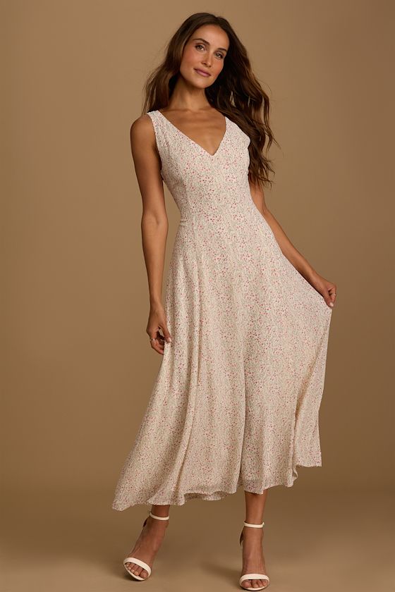 Your Only Darling Green Floral Print Sleeveless Midi Dress