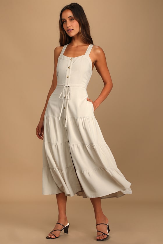 See the City Beige Button-Front Tiered Midi Dress #Color_Beige